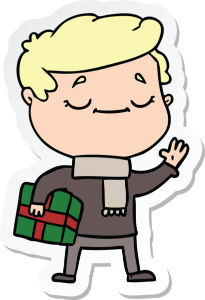 Bir insan tarafından çizilmiş Noel hediyesi taşıyan bir karikatür adamın çıkartması.