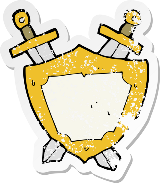 Çizgi film kalkanının gerilimli yapıştırması ve bir insan tarafından çekilen kılıçlar