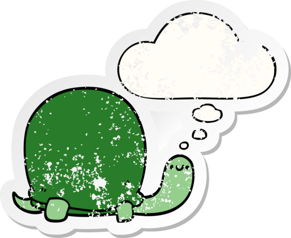 Düşünce baloncuğu olan sevimli karikatür kaplumbağası bir insan tarafından çizilmiş yıpranmış bir çıkartma.