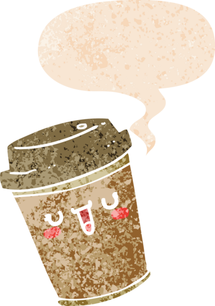 Çizgi film, bir insan tarafından çizilmiş grunge ile konuşma baloncuğu ile kahveyi dışarı çıkarır.