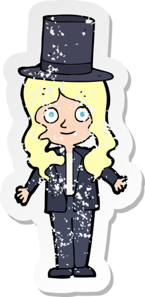 Bir insan tarafından çizilmiş silindir şapkalı bir karikatür kadın etiketi.