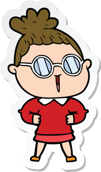 Bir insan tarafından çizilmiş gözlüklü bir karikatür kadının çıkartması.