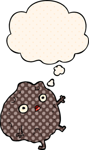 Çizgi roman tarzında bir insan tarafından çizilmiş düşünce baloncuğuyla yere düşen bir kaya parçası.