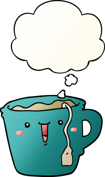 Bir insan tarafından çizilmiş yumuşak eğimli düşünce baloncuklu şirin çizgi film kahve fincanı.