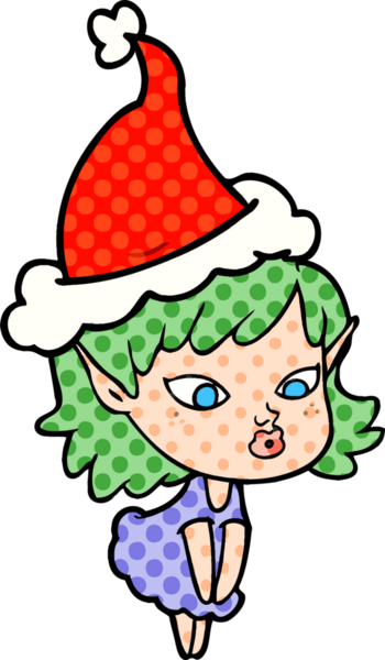 Güzel el çizimi çizgi roman stili Noel Baba şapkası giyen bir elf kızı bir insan tarafından çizilmiş.