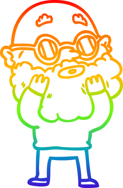 Gökkuşağı gradyan çizgi çizimi. Bir insan tarafından çizilmiş sakallı ve güneş gözlüklü meraklı bir adamın çizimi.