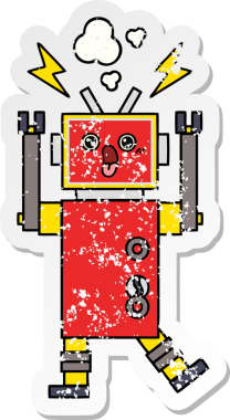 Bir insan tarafından çizilmiş sevimli bir robot çizgi film çıkartması.