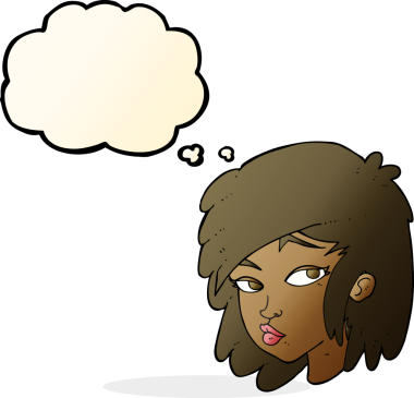 Bir insan tarafından çizilmiş düşünce baloncuğu olan meraklı bir kadın.