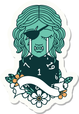 Ağlayan bir Ork karakterinin çıkartması. Doğal bir d20 zar atışıyla bir insan tarafından çizilmiş.