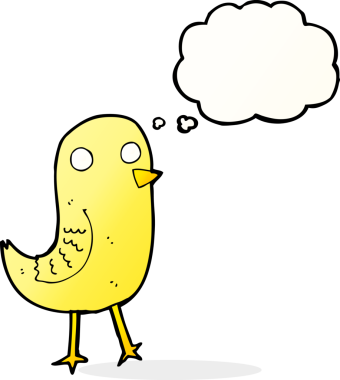 Bir insan tarafından çizilmiş düşünce baloncuklu komik çizgi film kuşu.