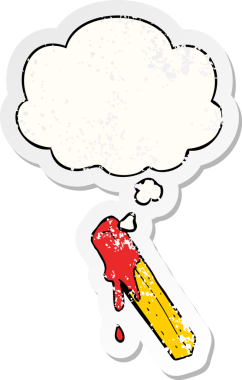 Düşünce baloncuğuyla kızartılmış çizgi film insan tarafından çizilmiş yıpranmış bir çıkartma gibi.