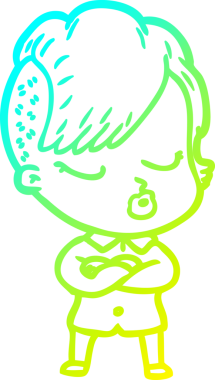 Bir insan tarafından çizilmiş soğuk gradyan çizgi film karakteri güzel hippi kız.