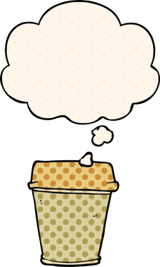 Çizgi roman tarzında bir insan tarafından çizilmiş düşünce baloncuklu kahveyi dışarı çıkar.