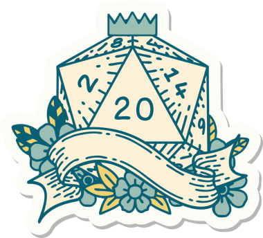 Bir insan tarafından çizilmiş 20 D20 zarının çıkartması.