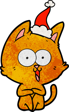 Bir insan tarafından çizilmiş Noel Baba şapkası takan bir kedi çizilmiş komik el çizimi.