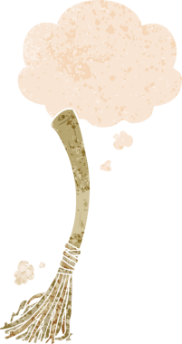 Düşünce baloncuğu ile çizgi film sihirli süpürgesi grunge sıkıntılı retro stil bir insan tarafından çizilmiş