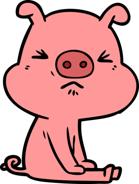 Bir insan tarafından çizilmiş kızgın bir domuz oturmuş bekliyor.