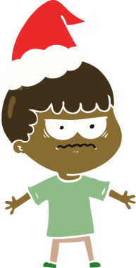 Bir insan tarafından çizilmiş Noel Baba şapkası giyen kızgın bir adamın düz renkli çizimi.