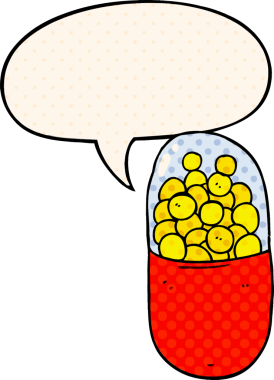 Bir insan tarafından çizilmiş çizgi roman tarzında konuşma baloncuklu çizgi film hapı.