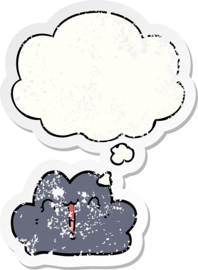 Düşünce baloncuğu olan sevimli çizgi film bulutu bir insan tarafından çizilmiş yıpranmış bir çıkartma gibi.