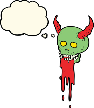 Bir insan tarafından çizilmiş bir düşünce baloncuğu olan ürkütücü cadılar bayramı kafatası çizgi filmi.