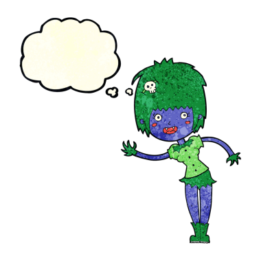 Bir insan tarafından çizilmiş düşünce balonlu vampir kız.