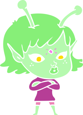 Bir insan tarafından çizilmiş düz renk çizgi film uzaylı kızı.