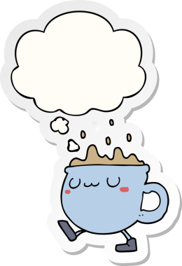 Düşünce baloncuğuyla yürüyen çizgi film kahve fincanı insan tarafından çizilmiş bir çıkartma gibi.