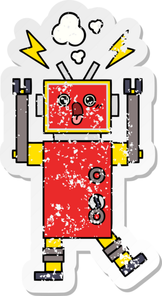 Bir insan tarafından çizilmiş sevimli bir robot çizgi film çıkartması.