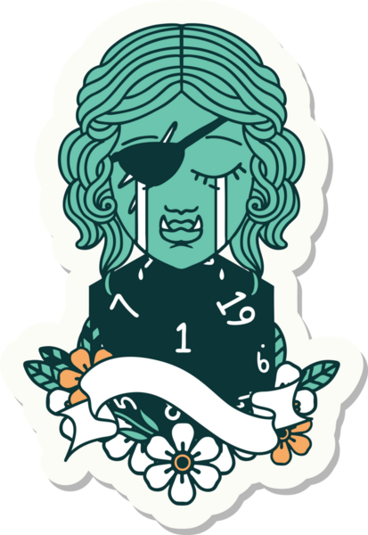 Ağlayan bir Ork karakterinin çıkartması. Doğal bir d20 zar atışıyla bir insan tarafından çizilmiş.