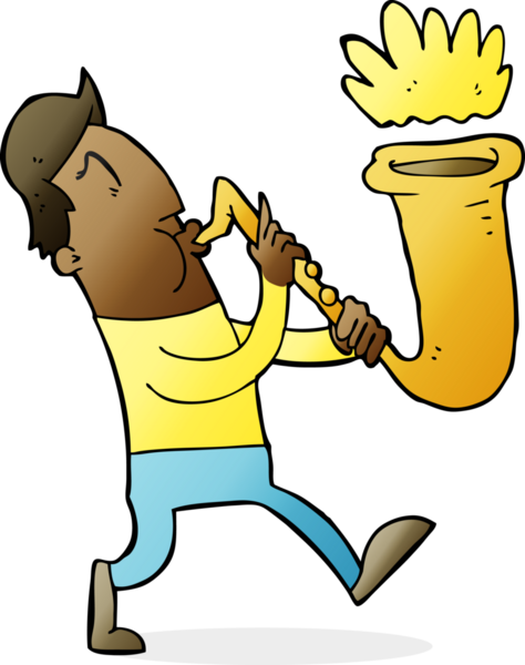 Bir insan tarafından çizilmiş saksafon üfleyen çizgi film adamı.