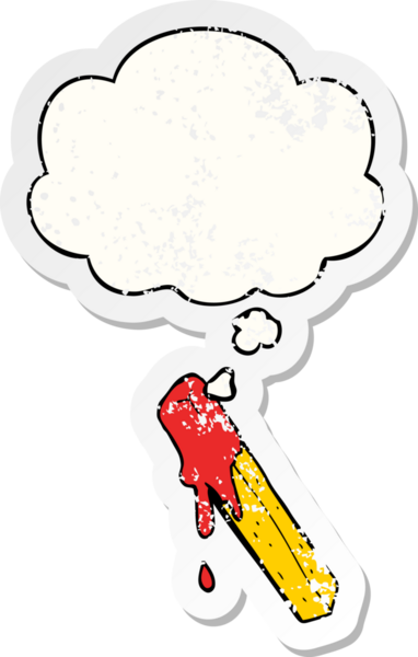 Düşünce baloncuğuyla kızartılmış çizgi film insan tarafından çizilmiş yıpranmış bir çıkartma gibi.