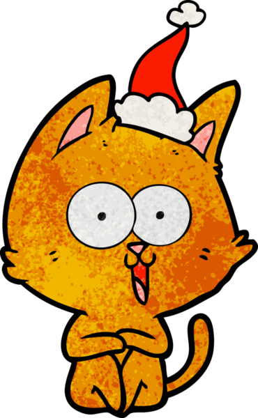 Bir insan tarafından çizilmiş Noel Baba şapkası takan bir kedi çizilmiş komik el çizimi.