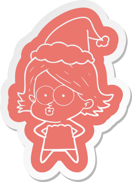 Bir insan tarafından çizilmiş Noel Baba şapkasıyla somurtan bir kızın garip çizgi film etiketi.