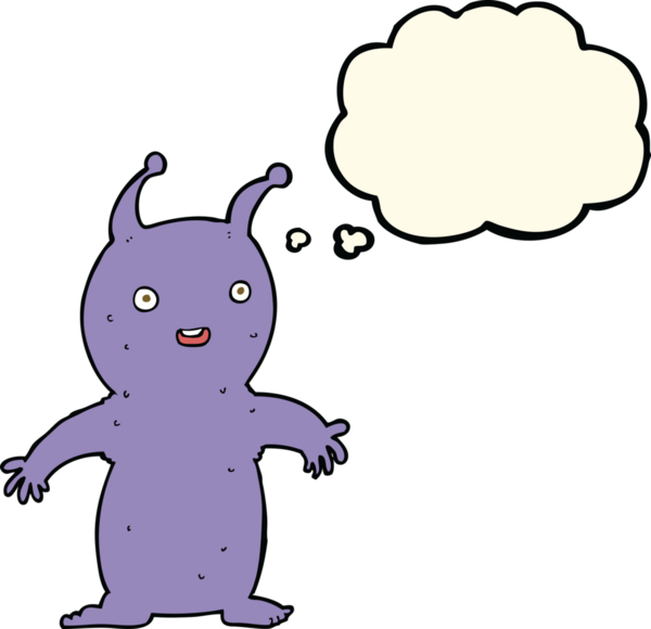 Bir insan tarafından çizilmiş düşünce baloncuğu olan mutlu küçük uzaylı çizgi filmi.