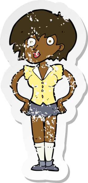 Bir karikatürün gerilimli çıkartması bir insan tarafından çizilmiş kalçasında elleri olan bir kadını şaşırttı.