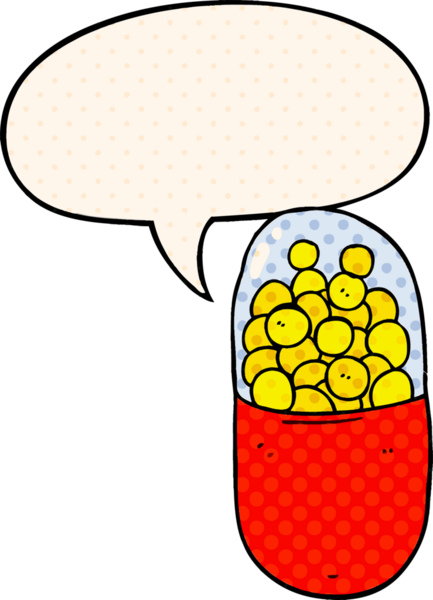 Bir insan tarafından çizilmiş çizgi roman tarzında konuşma baloncuklu çizgi film hapı.