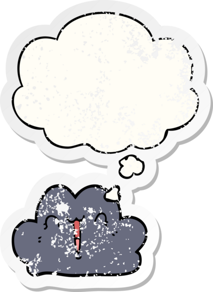 Düşünce baloncuğu olan sevimli çizgi film bulutu bir insan tarafından çizilmiş yıpranmış bir çıkartma gibi.