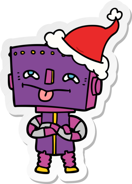 Bir insan tarafından çizilmiş Noel Baba şapkası giyen bir robotun el çizimi karikatürü.