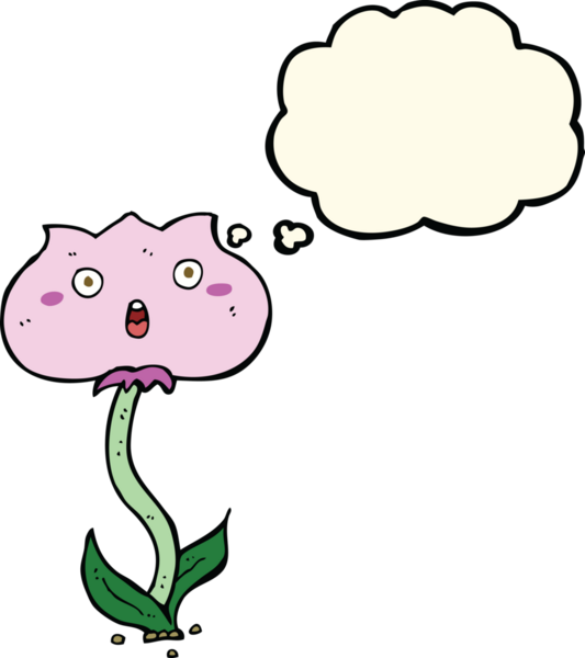 Bir insan tarafından çizilmiş düşünce baloncuğuyla şok olmuş bir çiçek.