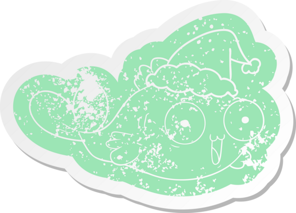 Mutlu akvaryum balığı çizgi filmi bir insan tarafından çizilmiş Noel Baba şapkasının çıkartması.