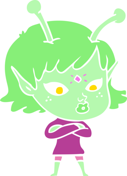 Bir insan tarafından çizilmiş düz renk çizgi film uzaylı kızı.