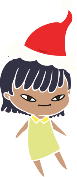 Bir insan tarafından çizilmiş Noel Baba şapkası takan bir kadının düz renkli çizimi.