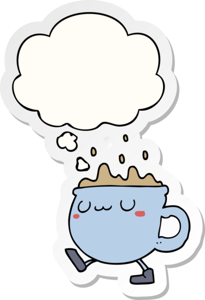 Düşünce baloncuğuyla yürüyen çizgi film kahve fincanı insan tarafından çizilmiş bir çıkartma gibi.
