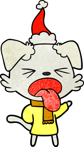 Bir insan tarafından çizilmiş eşarp takan ve Noel Baba şapkası takan bir köpeğin el çizimi karikatürü.