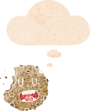 Düşünce baloncuklu çizgi film kurabiyesi grunge sıkıntılı retro desenli bir insan tarafından çizilmiş