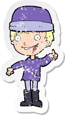 Bir insan tarafından çizilmiş şapkalı bir karikatürcünün sıkıntılı retro yapıştırması.