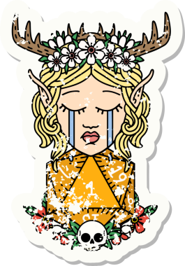 Ağlayan bir Elf Druid karakterinin yapışkan etiketi. Doğal bir D20 ruloyla bir insan tarafından çizilmiş.