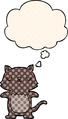 Çizgi roman tarzında düşünce baloncuğu olan çizgi film kedisi insan tarafından çizilmiş.