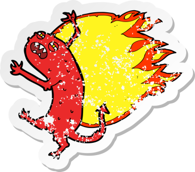 Bir insan tarafından çizilen ateşteki çizgi film canavarının gerilemiş yapıştırması.